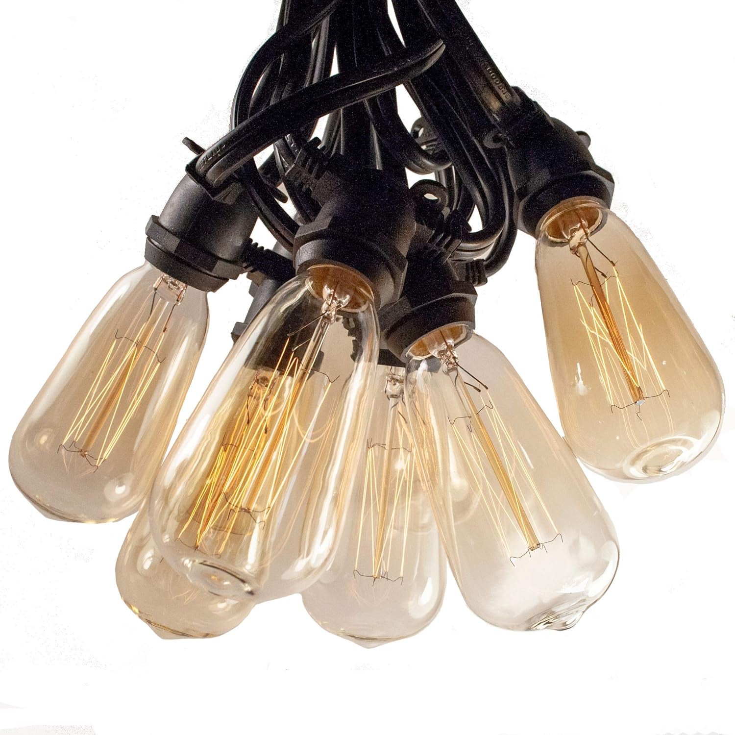 Commercial Edison Bulb Outdoor String Lights with Hand-Threaded Filament (ST40 Lantern Edison - Commercial Black Wire, 100 Ft)